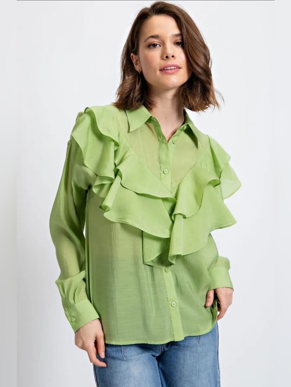 EASEL Bohemian Green Ruffle Blouse Size Large  NWT